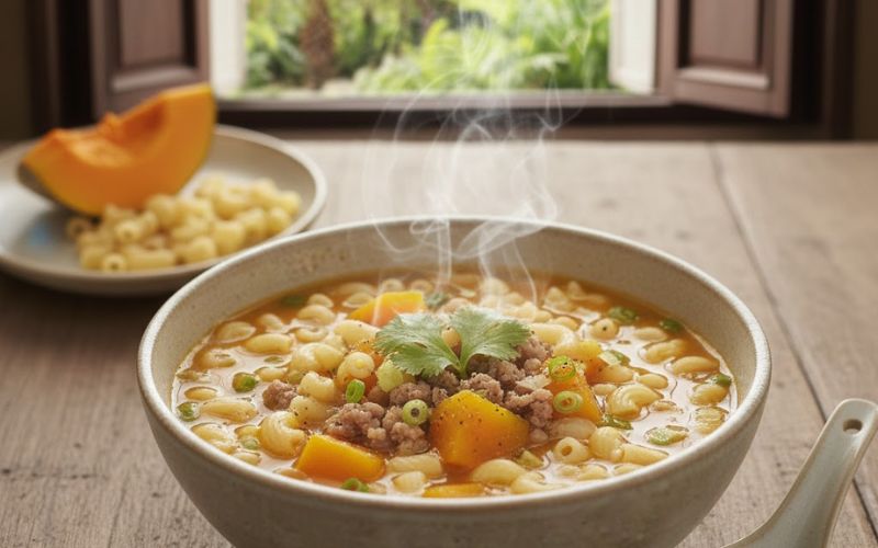 Nui bí đỏ thịt bằm giàu chất xơ và vitamin, dễ ăn và no lâu cho cả trẻ em lẫn người lớn.