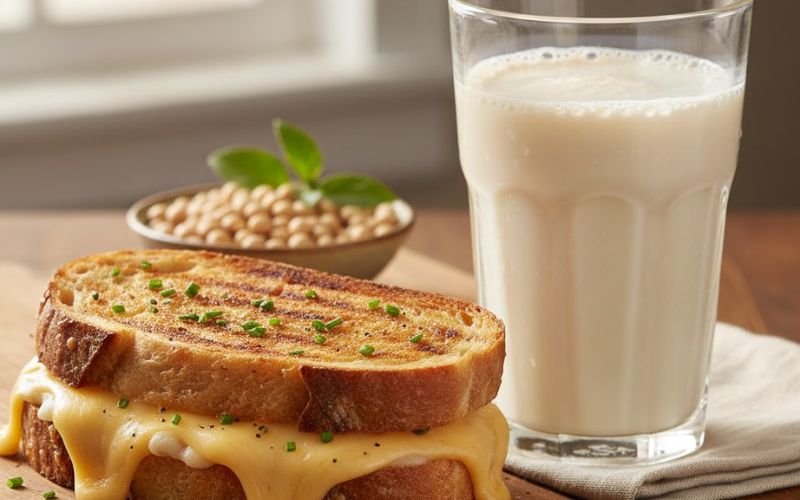 Bánh mì phô mai nướng kèm sữa đậu nành là bữa sáng đơn giản, giàu canxi và protein, tốt cho xương và tiêu hóa.